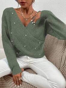 RueChic Crossover V-neck Loose Pearl Detail Sweater - Green - View 3