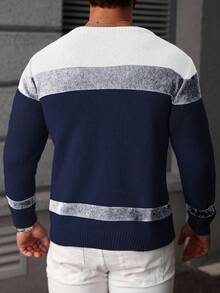 Manfinity Mode Áo len nam dệt kim phối màu, kiểu dáng thường ngày, màu xanh navy, thích hợp cho mùa thu/đông, tay dài. - Nhiều màu - Xem 2