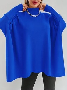 EURMUSE Mock Neck Batwing Sleeve Asymmetrical Hem Sweater - Blue - View 3