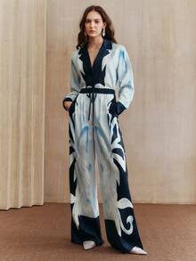 Anewsta 2 件套女士时尚休闲印花西装外套和阔腿裤套装，春夏 - 藍色 - 查看 3