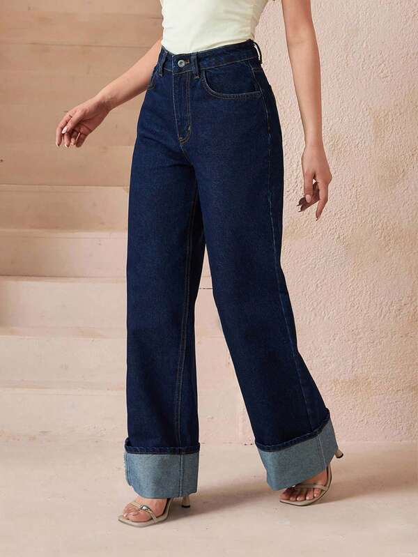SHEIN PETITE Calça jeans escura lavada, cintura alta, bolso inclinado, pernas largas