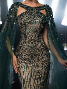 Glamrae Váy maxi đuôi cá đính ngọc trai và sequin thanh lịch, sang trọng, quyến rũ với tay áo bồng bềnh, phù hợp cho đám cưới, tiệc tùng, ngày lễ, dạ hội, sự kiện trang trọng (trang trí đậm) - Màu xanh lá cây đậm - Xem 5
