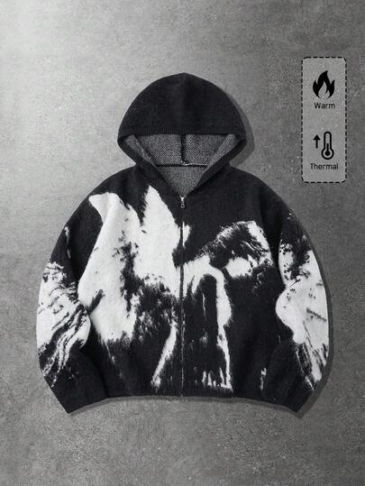 Street Life Chaqueta de punto con capucha y cremallera de manga larga informal con estampado total para hombre