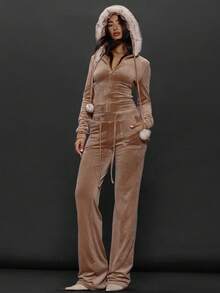 MUSERA Velour Zip Through Furry Trimmed Cinched Waist Fitted Hoodie Autumn  Fall Going Out Everyday Night Out Sexy Streetwear Elegant Holidays Spring Summer - Brown - View 3