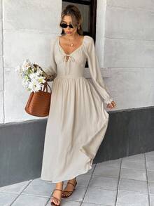 SHEIN Frenchy 女士休闲通勤纯色灯笼袖长连衣裙 - 杏色 - 查看 6