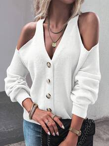 EMERY ROSE Women's Fashionable Solid Color Off-Shoulder Cardigan, Autumn - White - View 3