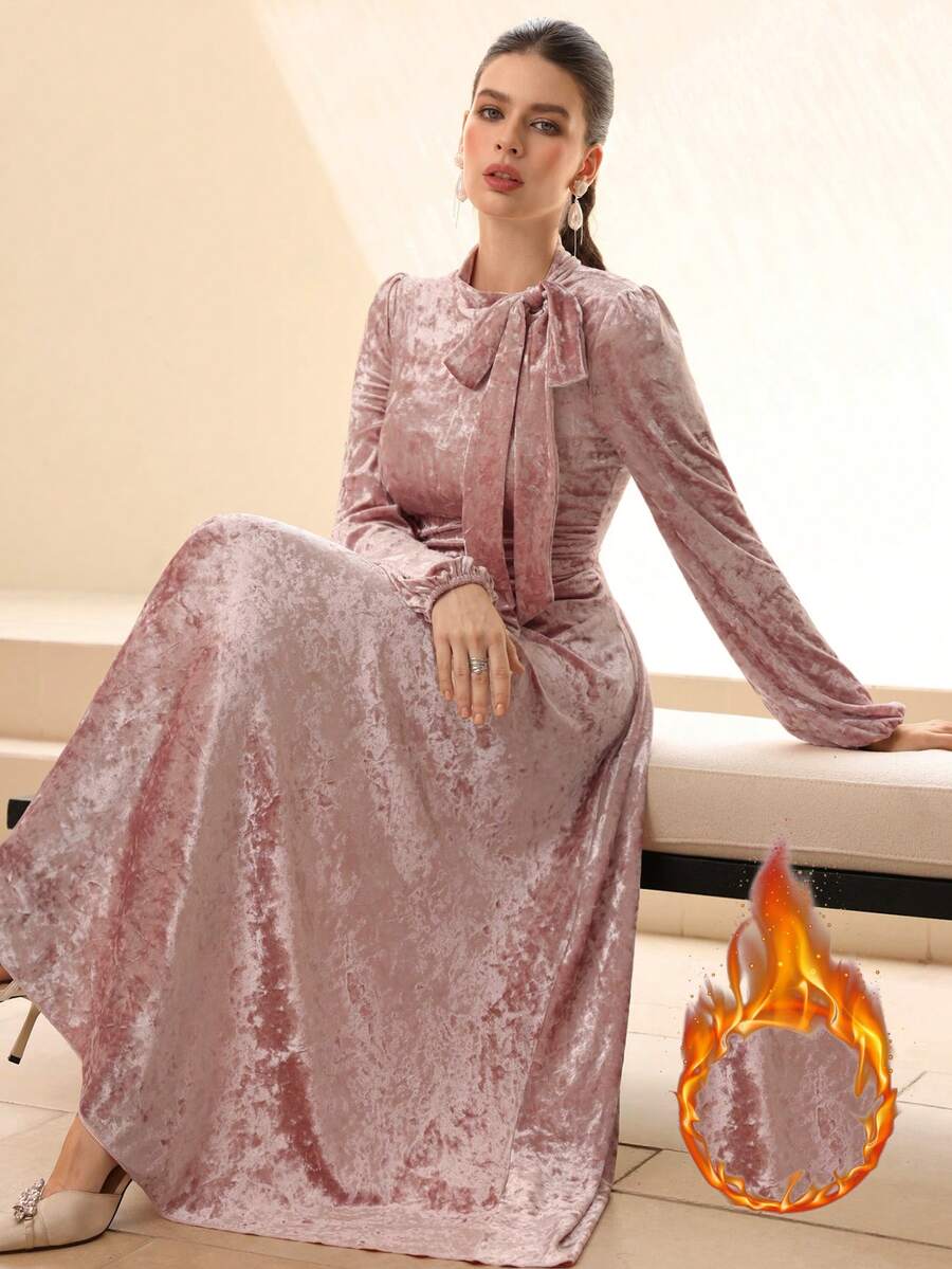 Modelyn 女士优雅粉色天鹅绒褶饰系带长裙，秋冬款 - 粉色 - 查看 1