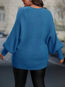 Auvina 大码女式纯色 V 领蝙蝠袖长袖宽松套头衫，秋冬 - 淺藍色 - 查看 2