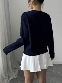 Elenzga 女式圆领花卉图案纯色套头毛衣 - 藏蓝色 - 查看 2