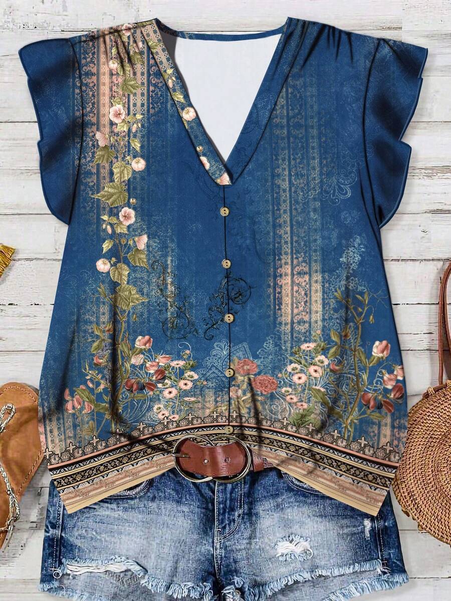 EMERY ROSE Camisa de mujer con cuello en V con estampado floral retro casual, diseño minimalista adecuado para el verano