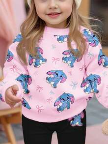 2pcs/Set Baby Girls Cute Cartoon Rabbit, Bow, Stitch Graphic Print Thick Crew Neck Long Sleeve Sweatshirt And Leggings Outfit, Suitable For Autumn & Winter - Multicolor - View 5