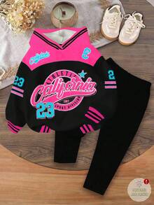 Bubblio 2 件女婴休闲复古字母和数字徽章图案连帽运动衫和宽松裤子套装，运动时尚 - 彩色 - 查看 2