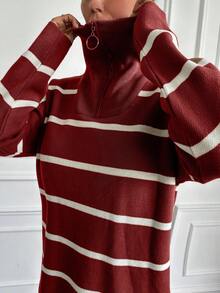 EURMUSE Slouchy Drop Shoulder Zipper Half Placket Striped Sweater - Red - View 4