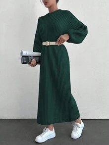 EURMUSE Women Casual Solid Color Long Sweater Dress, Autumn/Winter - Dark Green - View 5