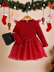 Vestido de malla con estampado de estrellas y mangas cortas para niñas, para primavera/otoño