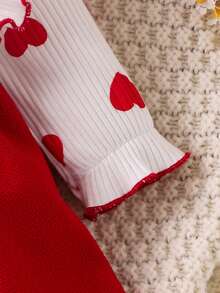 SHEIN Girls (Small) Knitted Ribbed White Ruffle Trim Patchwork Waist Corduroy Embroidered Floral Dress, Sweet & Cute Casual Spring Dress For Little Girls