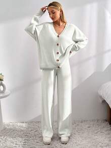 EURMUSE Áo len cardigan trễ vai và quần dệt kim buộc phía trước - trắng - Xem 4