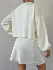EURMUSE Ladies' Solid Color Round Neck Sweater And Knitted Skirt Set - Putih - View 2