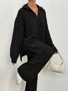 EURMUSE 2pcs Women's Solid Color Zipper Top And Pants Casual Knit Sweater Set - Black - View 4