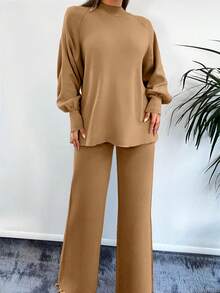 EURMUSE Raglan Sleeve Sweater & Knit Pants Without Belt - Màu Khaki - Xem 4