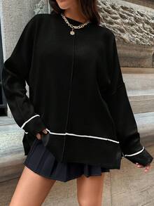 撞色滾邊蝙蝠袖套頭毛衣 - 黑色 - 查看 4