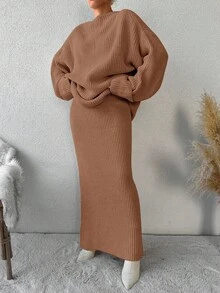 EURMUSE Plain Simple Loose Sweater 2pcs/set - Brown - View 4