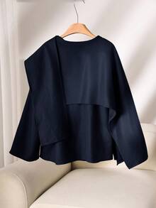 CosyJoli Plus Size Women Solid Color Scarf Collar Loose Casual Jacket, Autumn/Winter - Blue - View 2