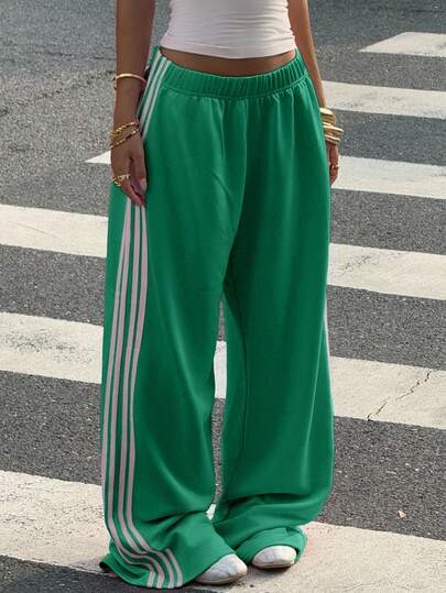 Muchica Olive Green Knit Casual Women's Side Stripe Print Elastic Waist Sweatpants Wide Leg Sweatpants Green Pants For Women Wide Pants Wide Leg Summer Pants Women Wide Leg Pants Women Green Pants Women Wide Leg Sweatpants Green Wide Leg Sweatpants Green Wide Leg Pants For Women