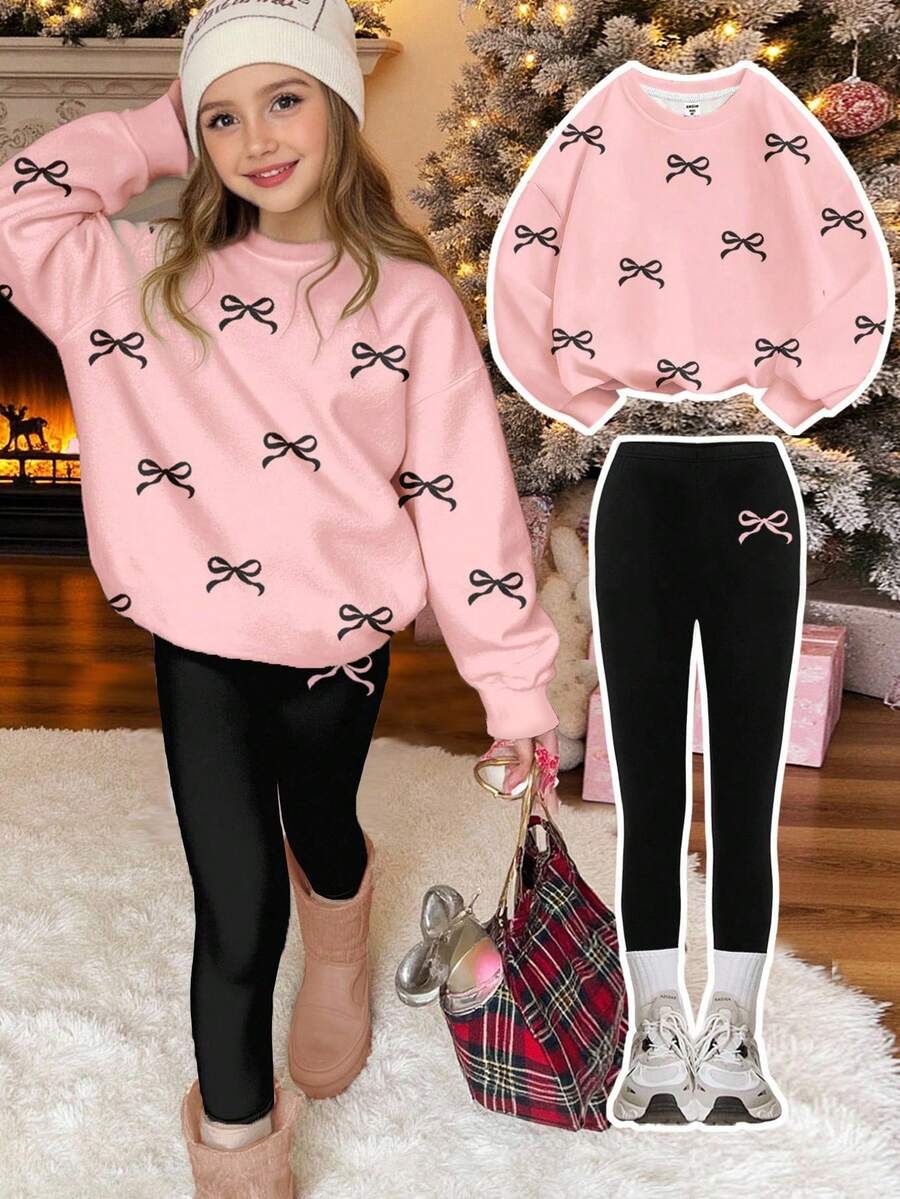 SHEIN Leap Crew 两件套少女休闲简约甜美蝴蝶结图案加厚柔软宽松圆领长袖卫衣和打底裤,适合秋冬季日常穿着,舒适保暖,充满圣诞氛围,秋冬穿搭,轻松舒适,秋冬叠穿,时尚童装,休闲服饰,儿童图案服装,秋冬服装,别致秋季,秋季新款 - 彩色 - 查看 1