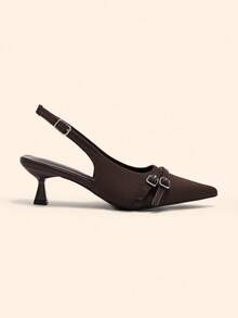 CUCCOO BASICS Giày cao gót mũi nhọn kiểu kitten heel trơn bóng khóa cài thời trang xuân/thu cho nữ, màu đỏ rượu vang - Cà phê nâu - Xem 3