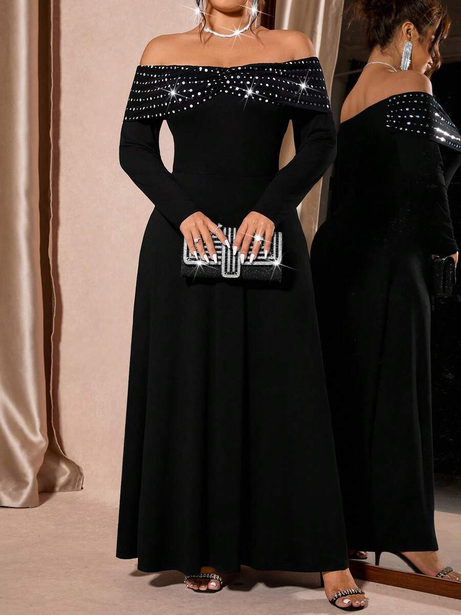 Plus Size Women Elegant Off Shoulder Dress, Suitable For Party And Date - Black - View 1