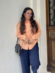 NegzBox 女式纯色长袖单排扣休闲办公衬衫 - 橘色 - 查看 1