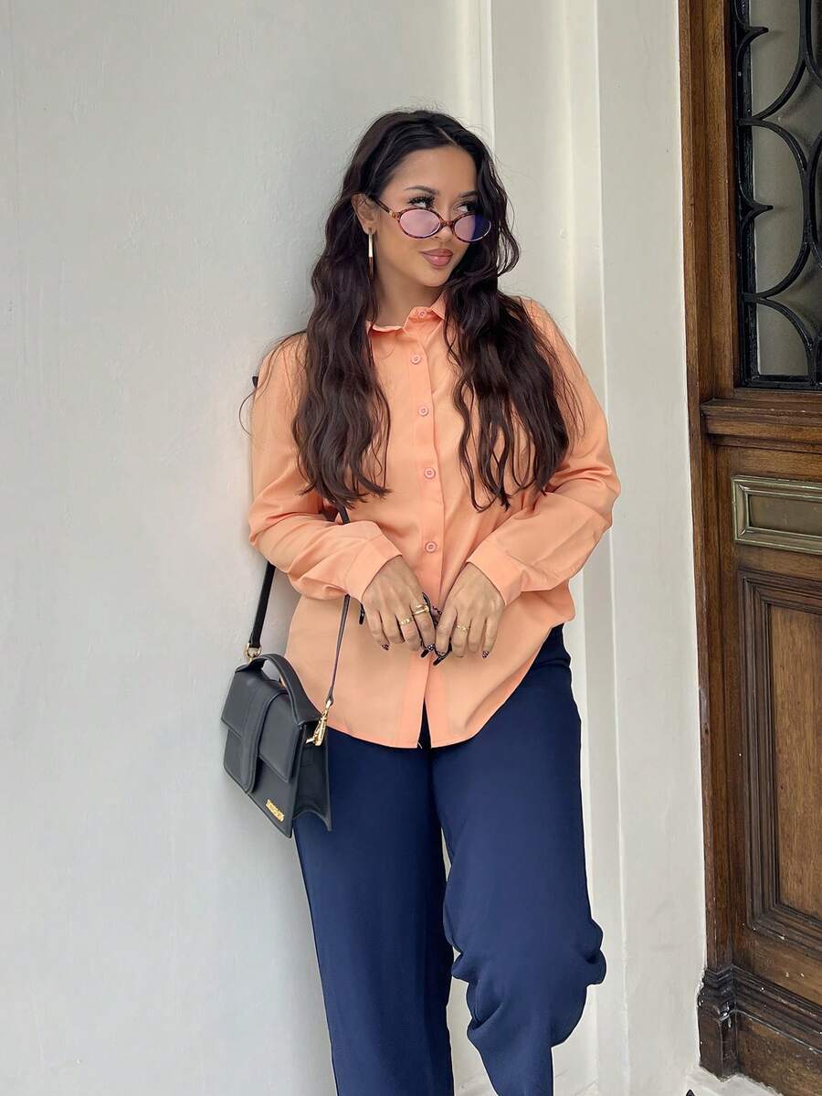 NegzBox 女式纯色长袖单排扣休闲办公衬衫 - 橘色 - 查看 1