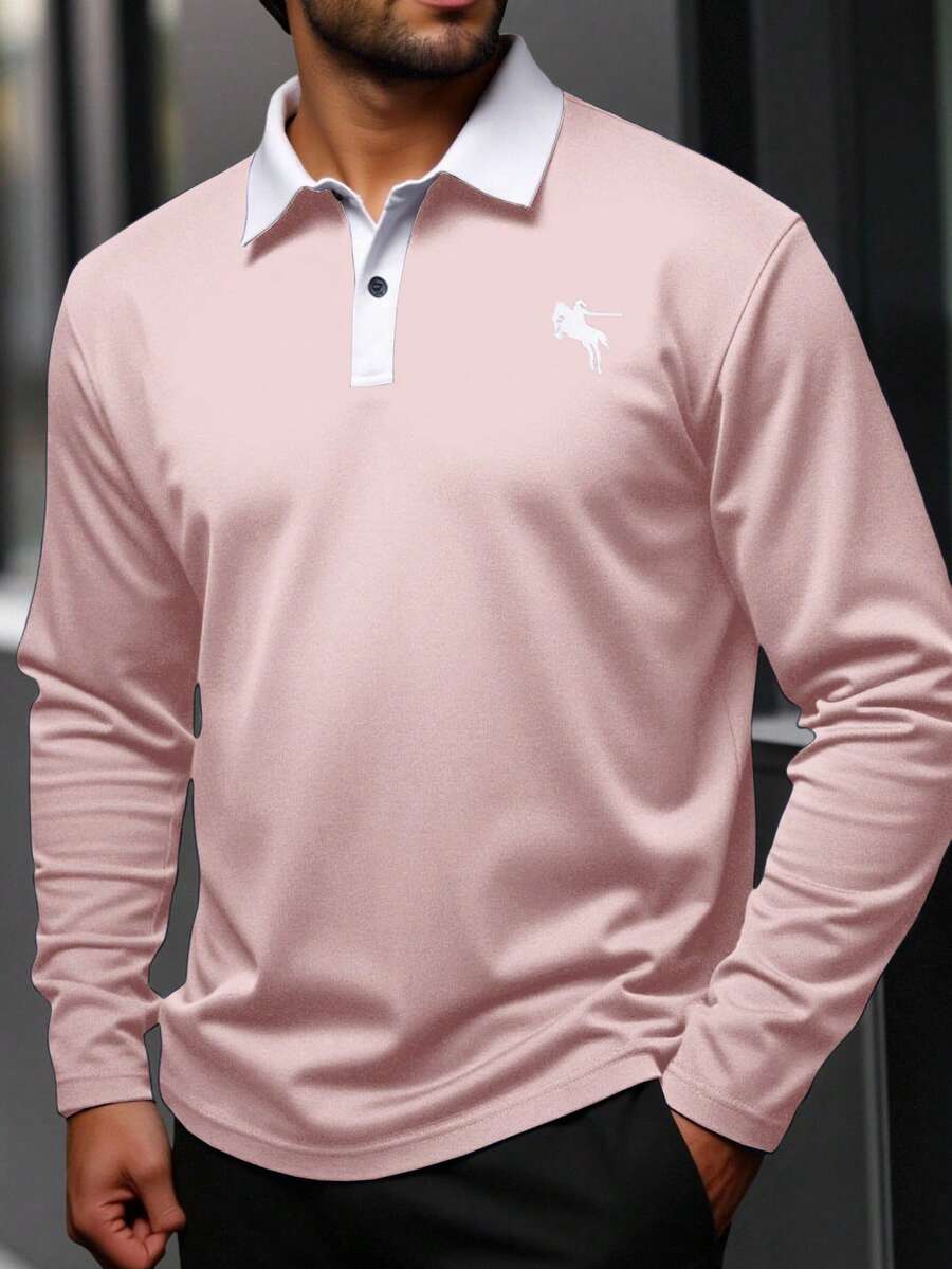Manfinity Homme 大码男士休闲通勤百搭骑士印花撞色领长袖 Polo 衫,春秋季 - 粉色 - 查看 1