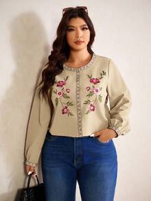 Elaquor Damen Große Größen Bluse mit floraler Stickerei, Rundhalsausschnitt, Ballonärmel, lässig und locker geschnitten - Khaki - Übersicht 3