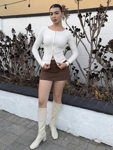 Andrea Bello 拉链圆领长袖上衣休闲度假机场假日可爱秋季返校秋冬 - 白色 - 查看 6