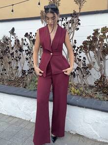 Andrea Bello Conjunto de oficina elegante para ir al trabajo y tomar el té de la tarde, compuesto por una chaqueta blazer sin mangas con cuello y bajo asimétrico, con decoración de hebilla metálica en la cintura, combinada con pantalones de cintura elástica, conjunto de 2 piezas, para primavera/verano