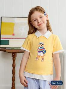Joliand Joliand 1 件男童优雅校园风格休闲都市小狗印花黄色圆领短袖 T 恤，适合外出、派对、返校、秋冬 - 黃色 - 查看 2