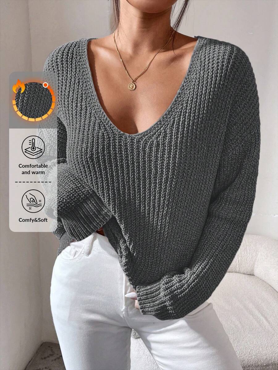 SHEIN Cottnline 女士v領下垂肩長袖套頭毛衣 - 深灰色 - 查看 1