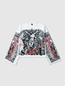 ROMWE MEN Street Life 男士宗教印花长袖衬衫，强大的图形设计，舒适的面料适合休闲外出和音乐节，时尚爱好者的必备单品 - 彩色 - 查看 1