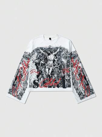 Street Life Men's Religious Print Long Sleeve Shirt, Powerful Graphic Design, Comfortable Fabric Suitable For Casual Outings And Music Festivals