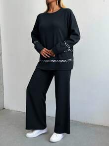 RueChic Drop Shoulder Sweater & Knit Pants - Black - View 6