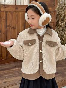 Genkimix Kids 青少年女孩时尚休闲日常通勤拼色泰迪羊毛夹克，秋冬