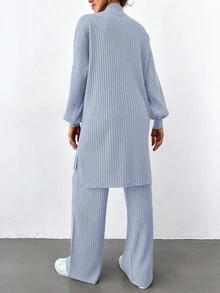 EURMUSE Women's Solid Color Zip-Up Half Placket Drop Shoulder Long Sleeve Long Sweater And Flared Pants Casual 2-Piece Set, Autumn/Winter - Baby Blue - View 2