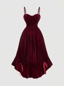 SHEIN CURVE+ 大码女式酒红色长款连衣裙、秋季婚礼宾客连衣裙、返校节舞会连衣裙、早午餐女士套装、文艺复兴博览会连衣裙、布里奇顿风格连衣裙、新年、情人节连衣裙、圣诞节连衣裙 - 酒紅色 - 查看 5