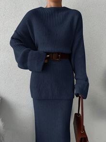 EURMUSE Women's Knitted Sweater 2pcs/set Without Belt - Blue - View 4