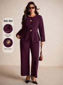 Elaquor Plus Size Black Metal Buckle Decor Long Sleeve Suit Set Formal Suit Plus Size Office Wear In Burgundy Old Money Spring - Burgundy - View 2
