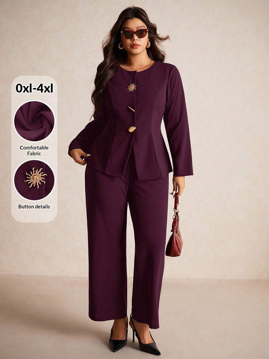 Elaquor Plus Size Black Metal Buckle Decor Long Sleeve Suit Set Formal Suit Plus Size Office Wear In Burgundy Old Money Spring