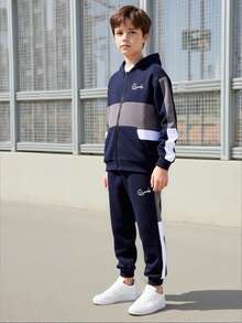 SHEIN 2 Stücke Kinder/Tween-Jungen Lässig Alltag Bequemer Kontrast Farbblock Kapuzenpullover und Jogginghose Set