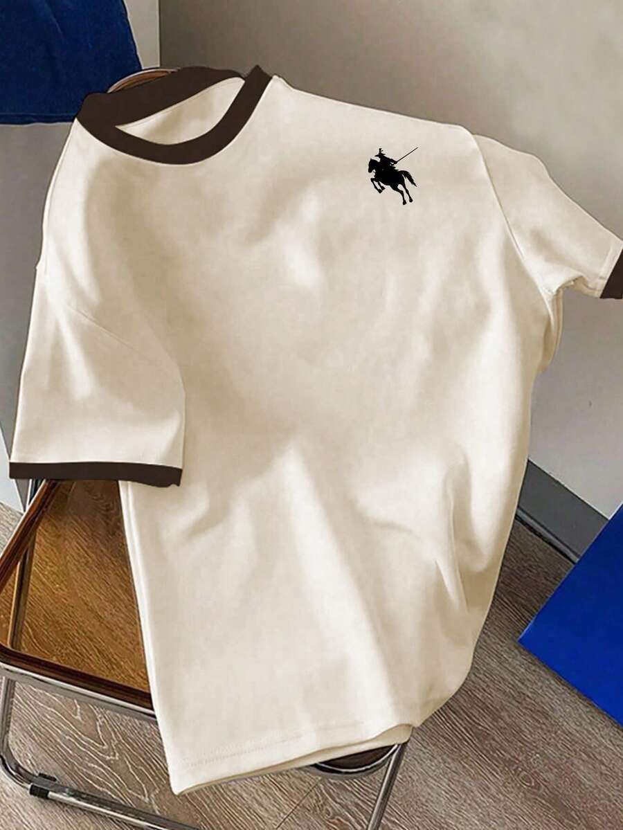 Manfinity Dauomo Camiseta casual de manga corta con cuello redondo y ribete de contraste para hombres - Multicolor - Ver 1